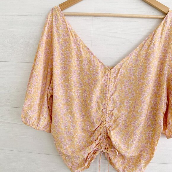 NWT H&M - Orange floral ruched smocked back short sleeve peasant top, XXL - Picture 2 of 5